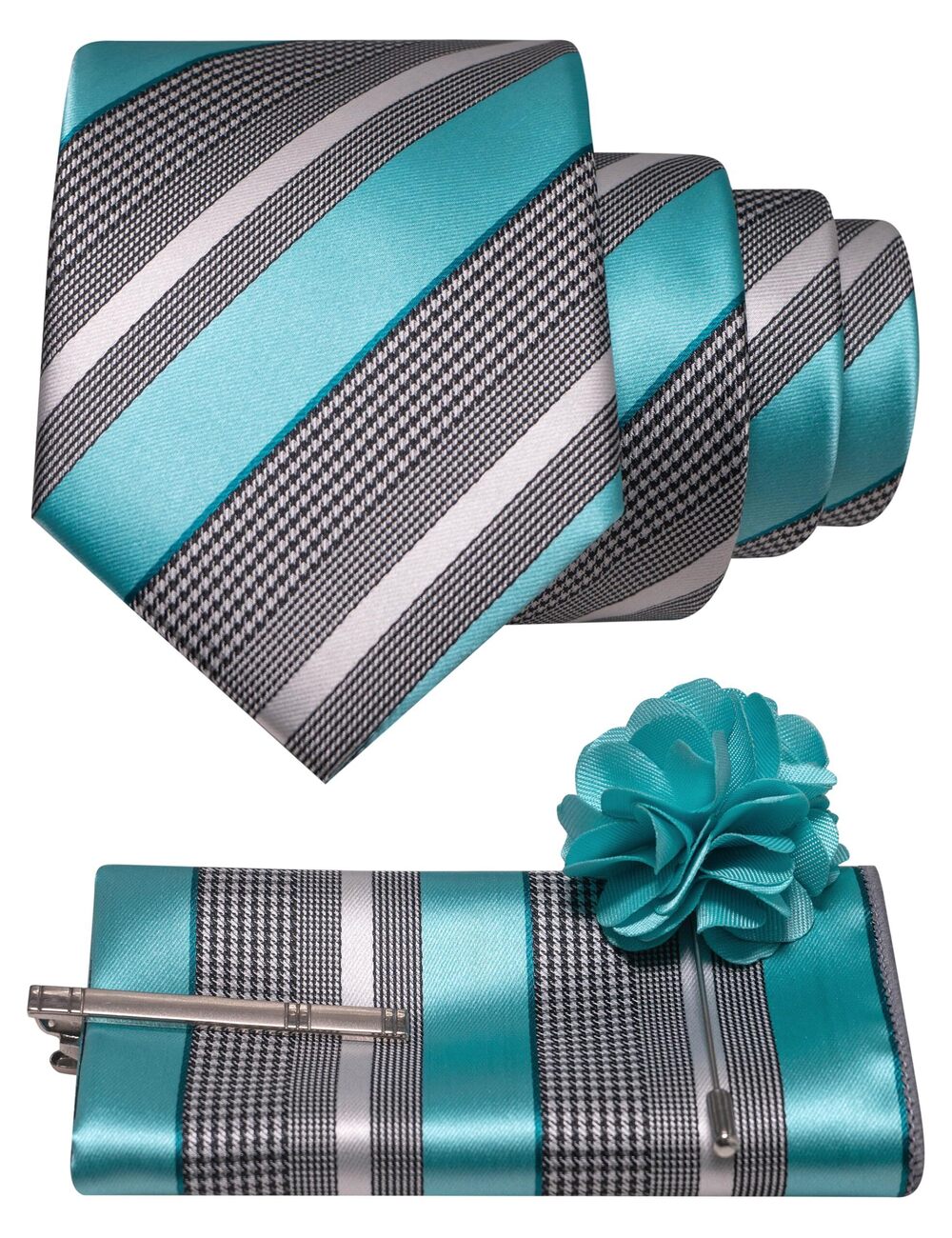 1079 Turquoise Striped Tie and Lapel Pin Necktie Pocket Square and Tie Clip